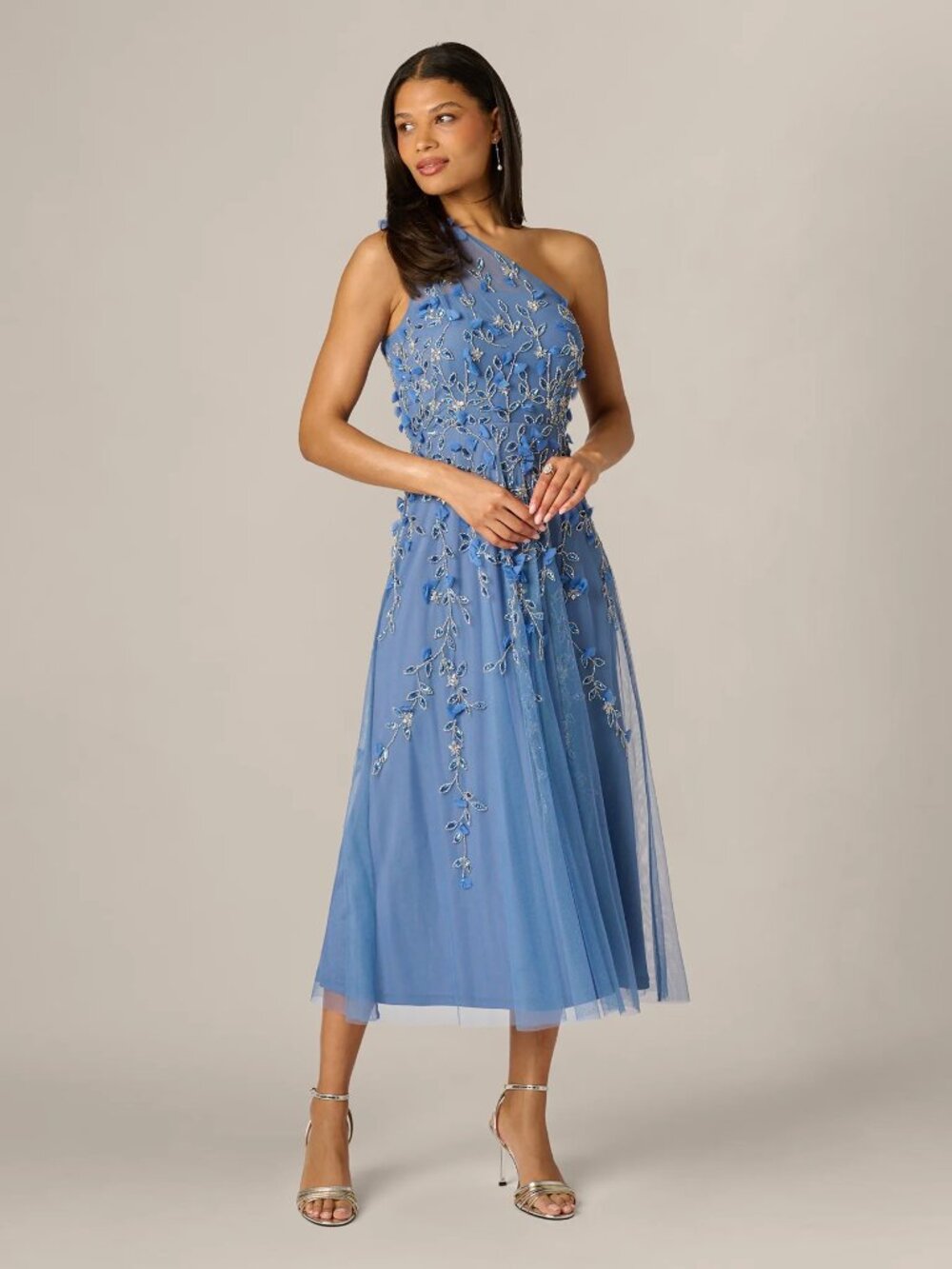 Adrianna Papell ✨ One Shoulder 3D Floral Beaded Ankle Dress French Blue 16 NWT
